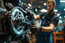 Mechanic wearing PPE investigating a motorcycle chain
